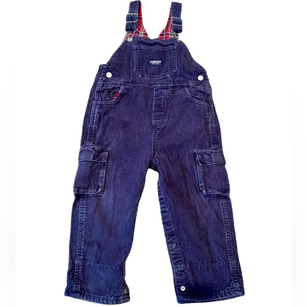 Vintage OshKosh B'gosh Kids Navy Corduroy Overalls red plaid lining 24 months